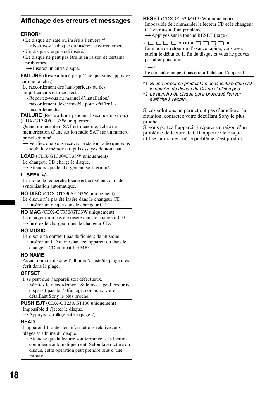 Affichage des erreurs et messages | Sony CDX-GT330 User Manual | Page 34 / 56