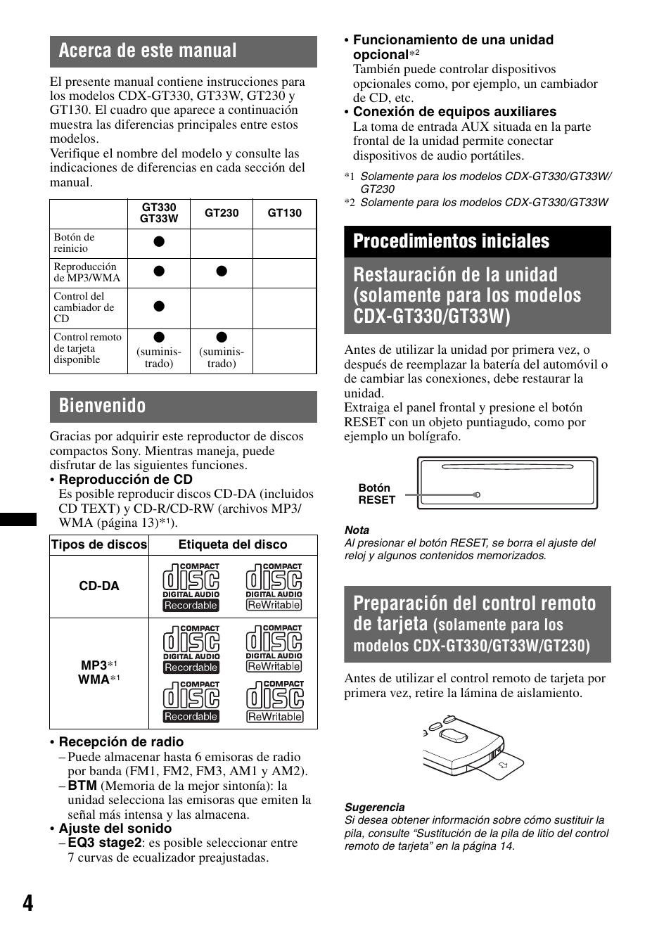 Acerca de este manual, Bienvenido, Procedimientos iniciales | Acerca de este manual bienvenido, Preparación del control remoto de tarjeta | Sony CDX-GT330 User Manual | Page 38 / 56