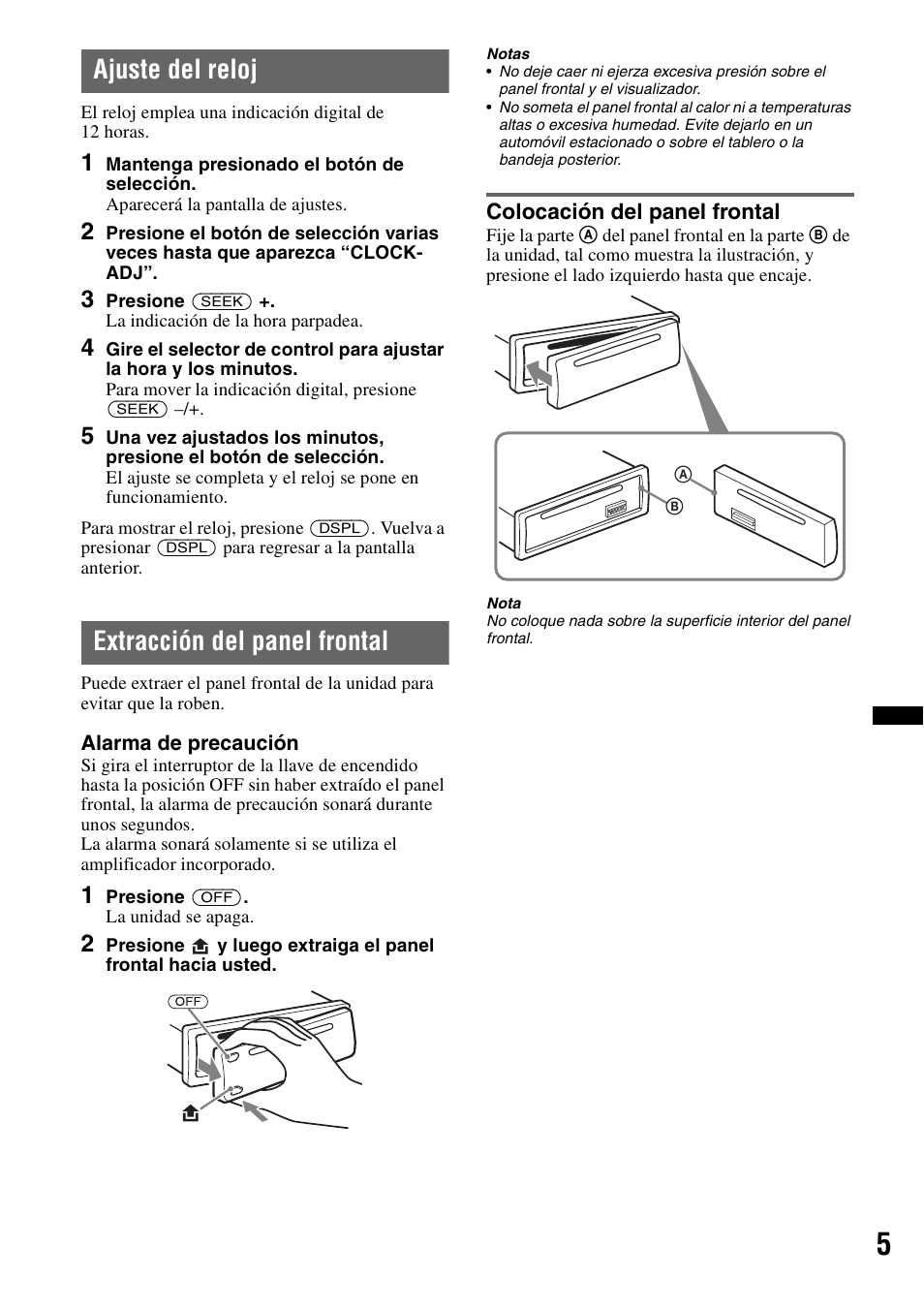 Ajuste del reloj, Extracción del panel frontal, Colocación del panel frontal | Ajuste del reloj extracción del panel frontal | Sony CDX-GT330 User Manual | Page 39 / 56