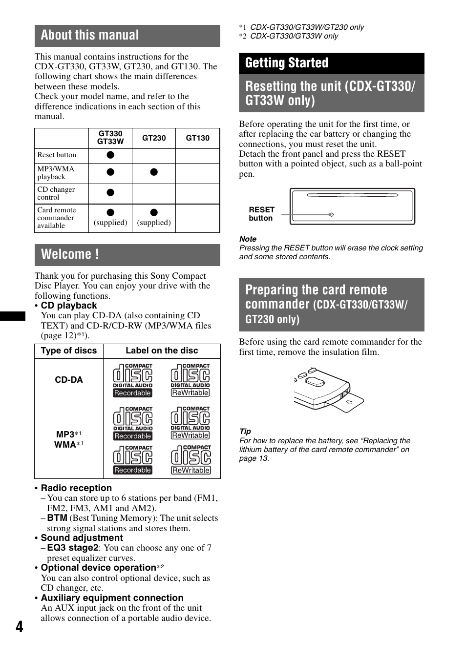 About this manual, Welcome, Getting started | Resetting the unit (cdx-gt330/ gt33w only), About this manual welcome, Preparing the card remote commander | Sony CDX-GT330 User Manual | Page 4 / 56