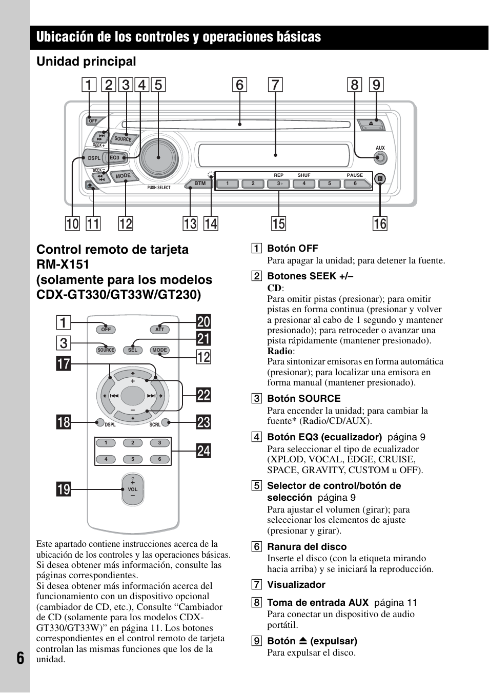 Ubicación de los controles y operaciones básicas, Unidad principal, 3wa qs 1 wd qj qk w; ql wf ws | Sony CDX-GT330 User Manual | Page 40 / 56