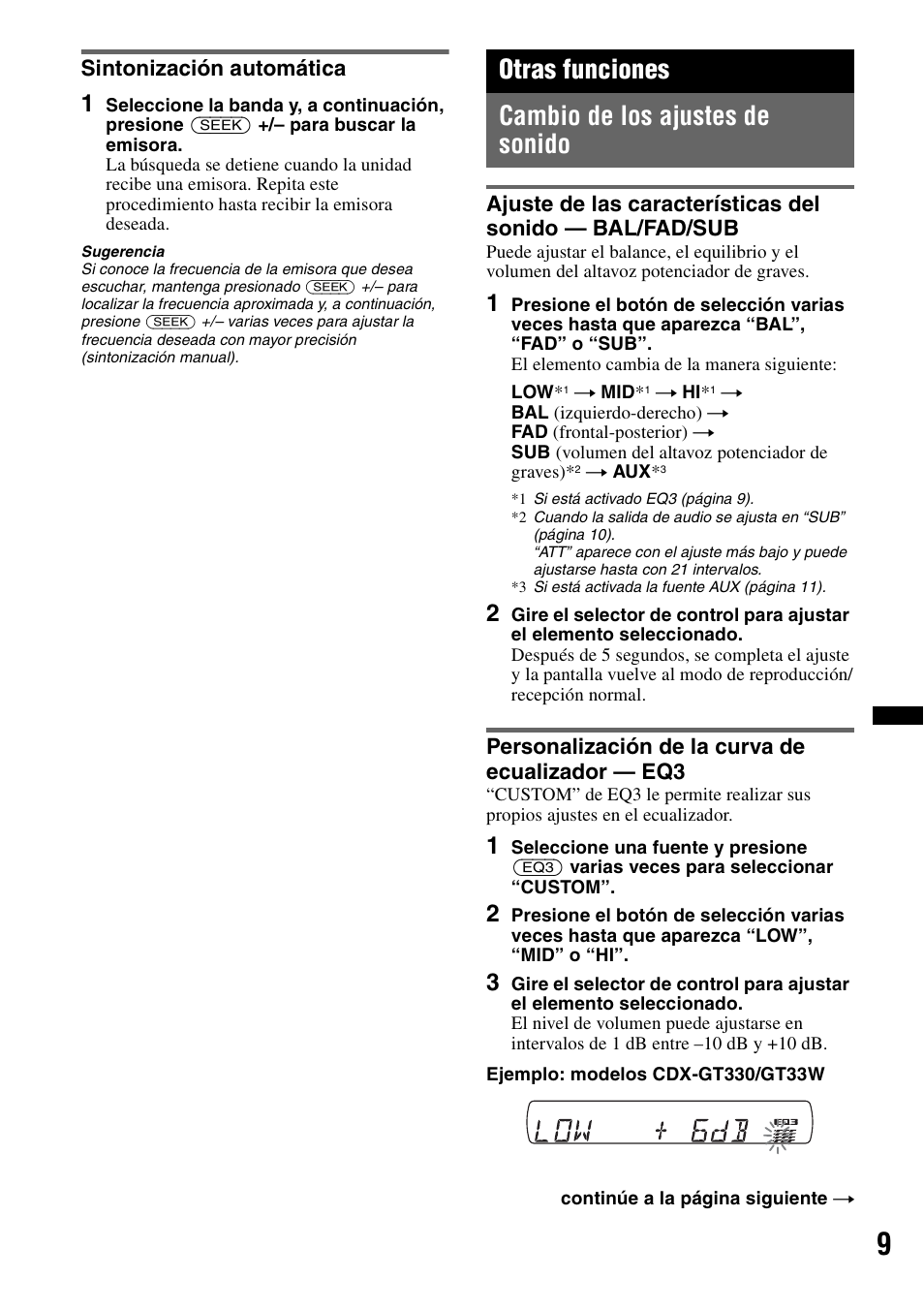 Sintonización automática, Otras funciones, Cambio de los ajustes de sonido | Personalización de la curva de ecualizador - eq3, Otras funciones cambio de los ajustes de sonido | Sony CDX-GT330 User Manual | Page 43 / 56