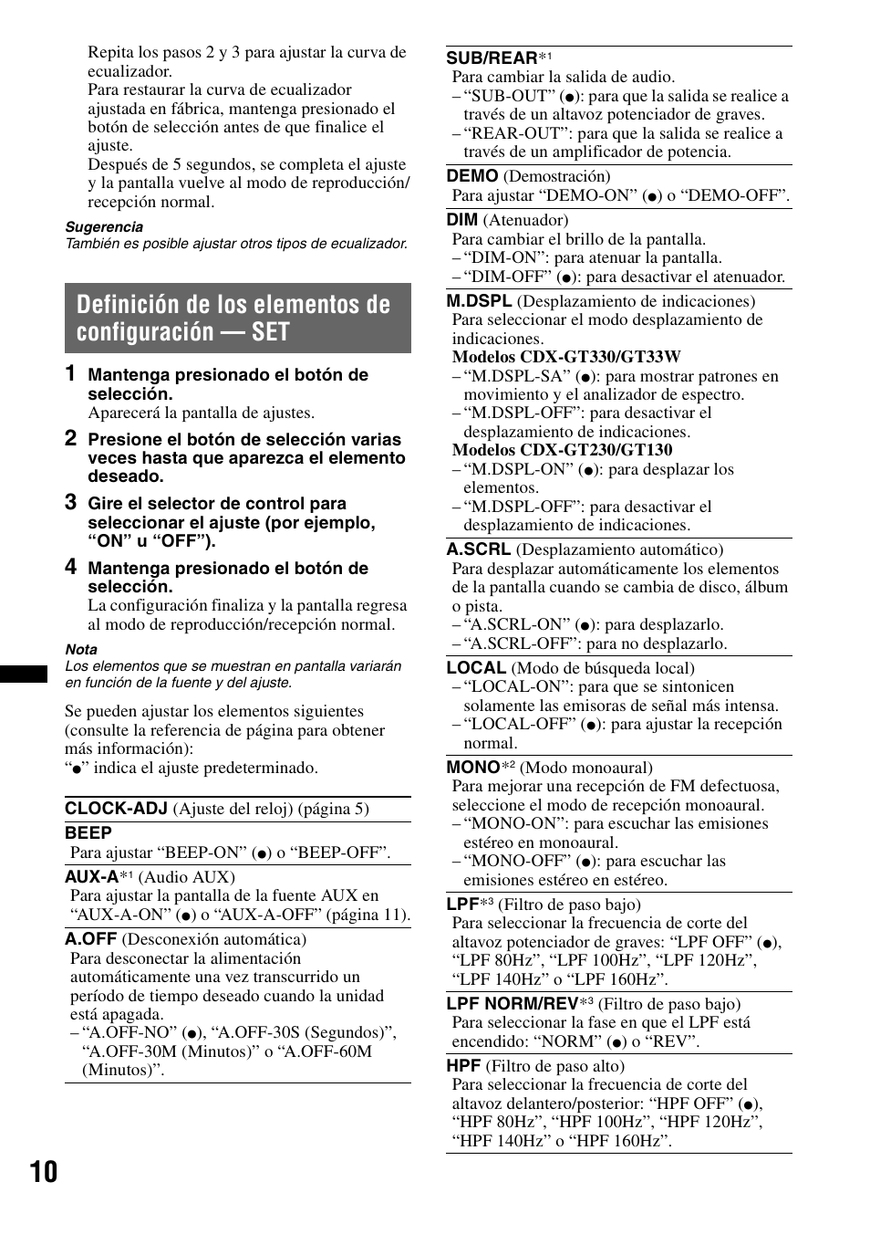 Definición de los elementos de configuración - set, Definición de los elementos de configuración — set | Sony CDX-GT330 User Manual | Page 44 / 56