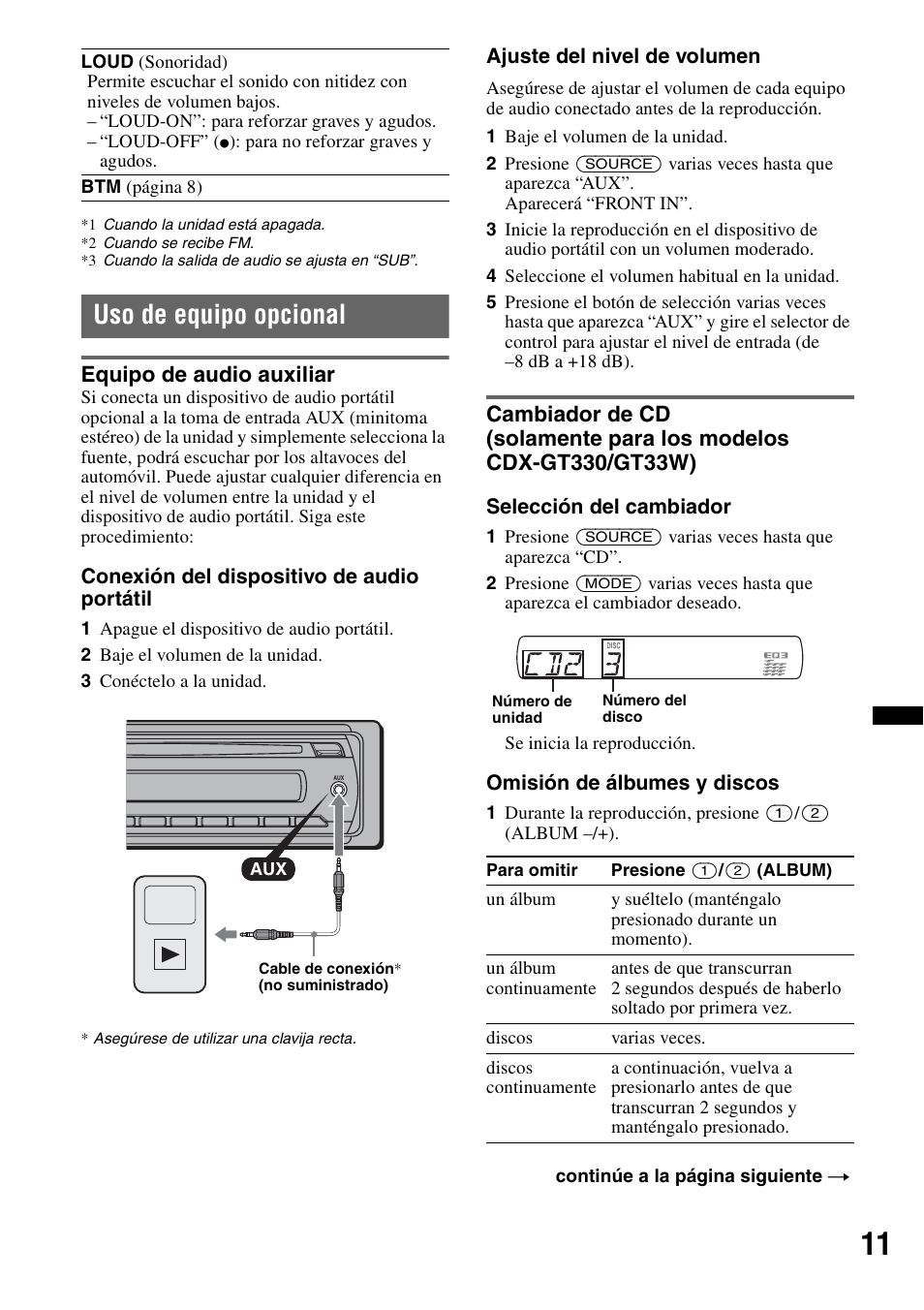 Uso de equipo opcional, Equipo de audio auxiliar | Sony CDX-GT330 User Manual | Page 45 / 56