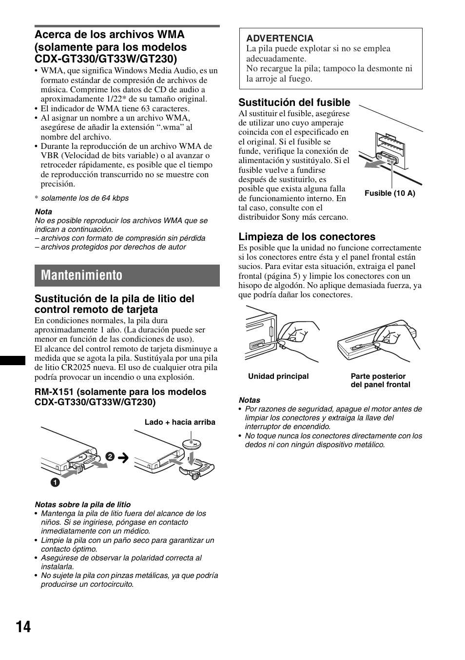 Mantenimiento | Sony CDX-GT330 User Manual | Page 48 / 56