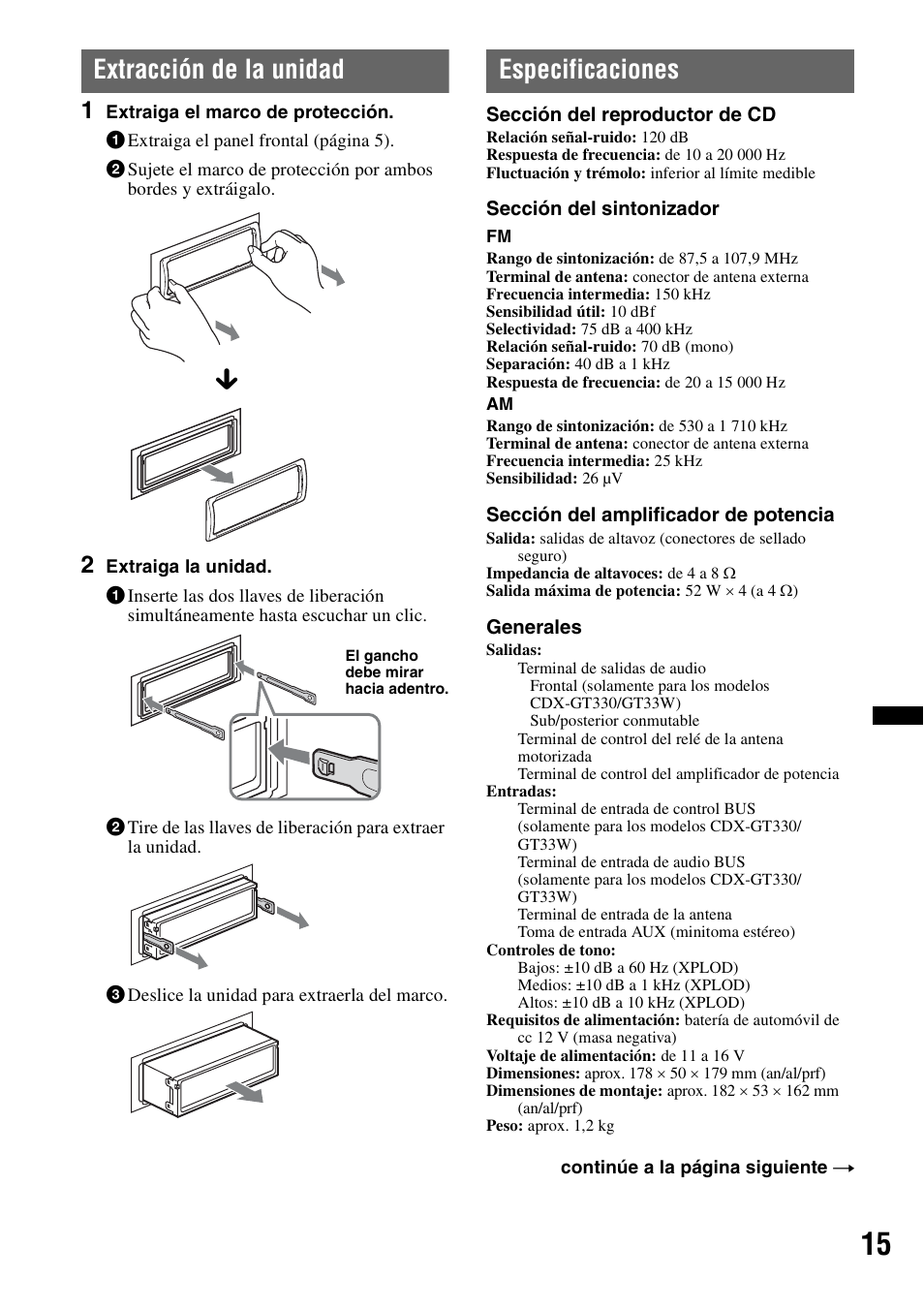 Extracción de la unidad, Especificaciones, Extracción de la unidad especificaciones | Sony CDX-GT330 User Manual | Page 49 / 56