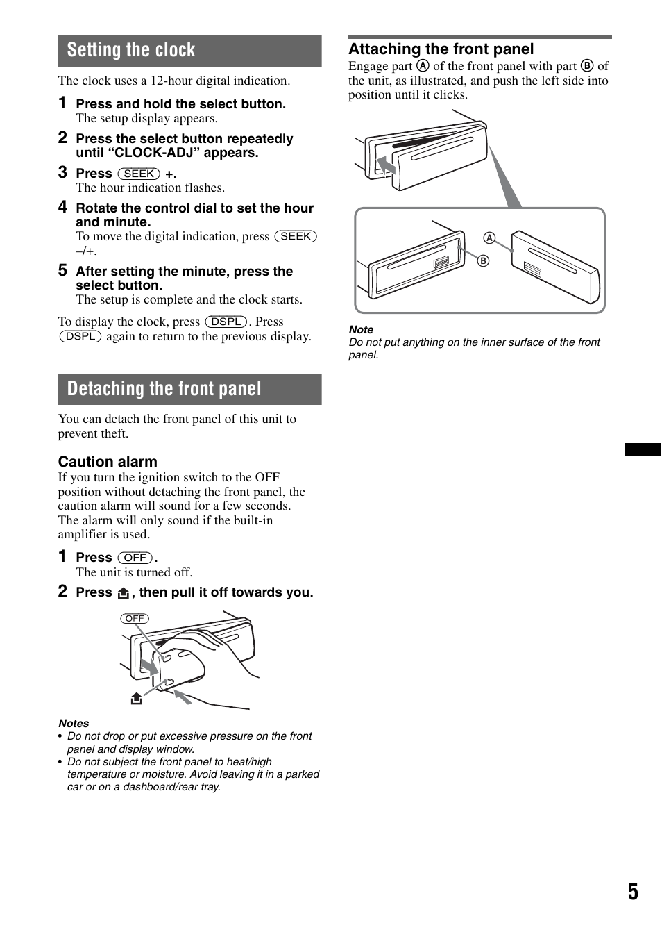 Setting the clock, Detaching the front panel, Attaching the front panel | Setting the clock detaching the front panel | Sony CDX-GT330 User Manual | Page 5 / 56