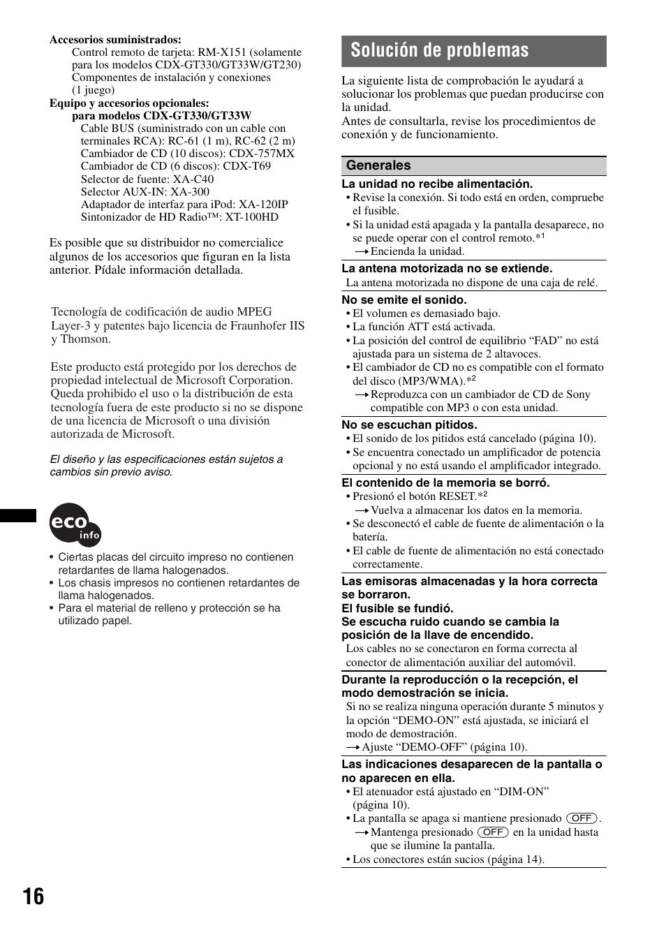 Solución de problemas | Sony CDX-GT330 User Manual | Page 50 / 56