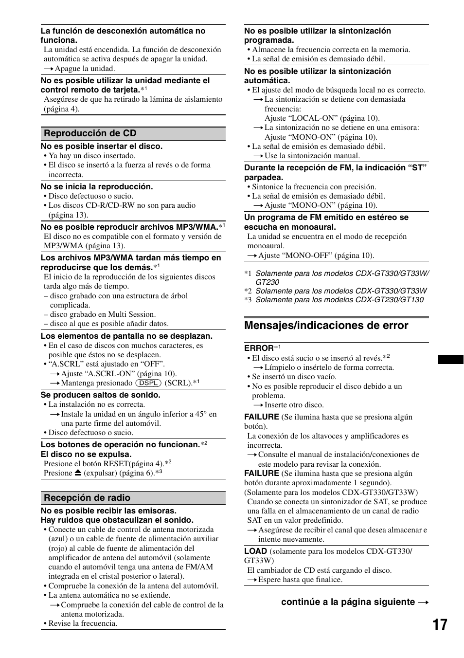 Mensajes/indicaciones de error | Sony CDX-GT330 User Manual | Page 51 / 56