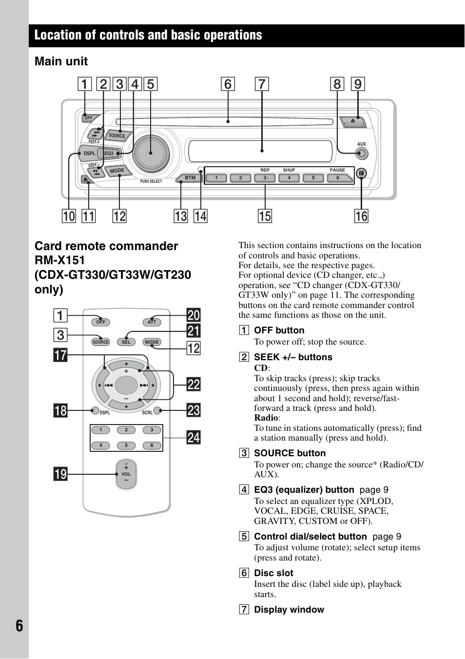 Location of controls and basic operations, Main unit, 3wa qs 1 wd qj qk w; ql wf ws | Sony CDX-GT330 User Manual | Page 6 / 56