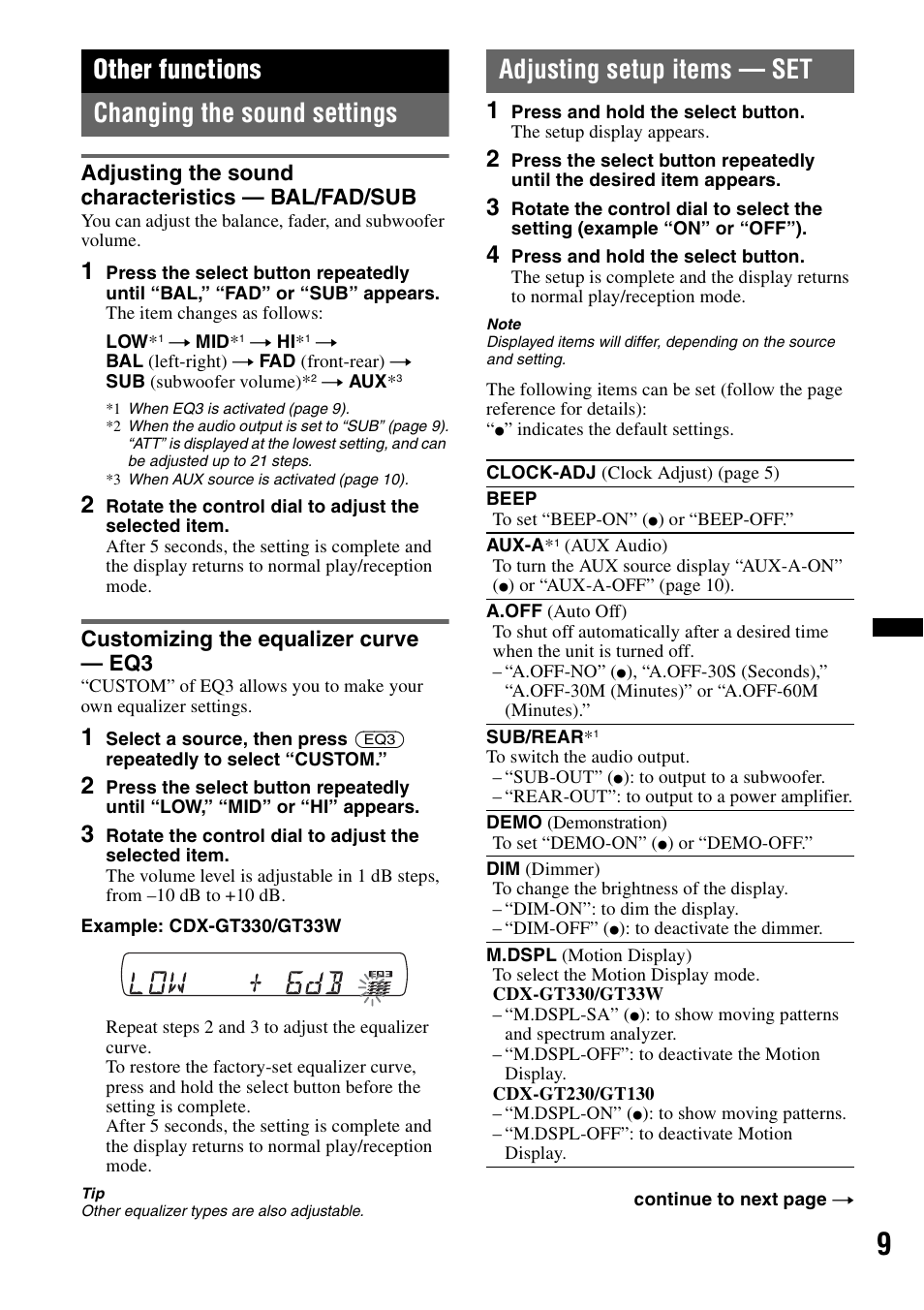 Other functions, Changing the sound settings, Adjusting the sound characteristics - bal/fad/sub | Customizing the equalizer curve - eq3, Adjusting setup items - set, Adjusting setup items — set, Other functions changing the sound settings, Adjusting the sound characteristics — bal/fad/sub, Customizing the equalizer curve — eq3 | Sony CDX-GT330 User Manual | Page 9 / 56