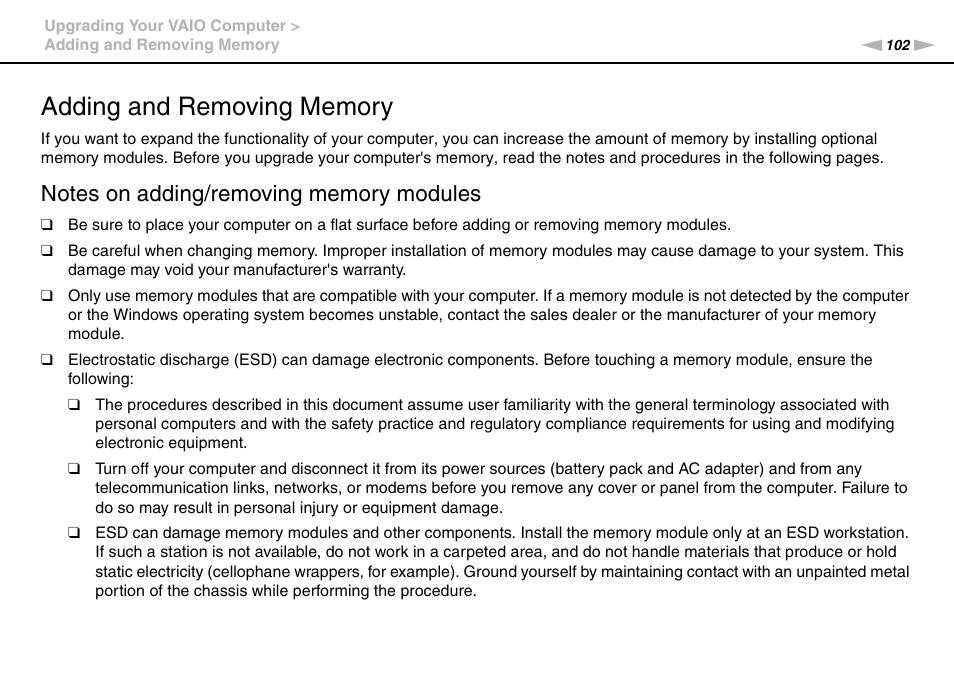 Adding and removing memory | Sony VAIO VPCF12 Series User Manual | Page 102 / 172