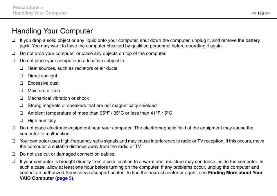 Handling your computer | Sony VAIO VPCF12 Series User Manual | Page 113 / 172