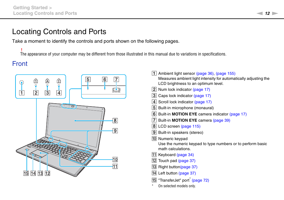 Locating controls and ports, Front | Sony VAIO VPCF12 Series User Manual | Page 12 / 172