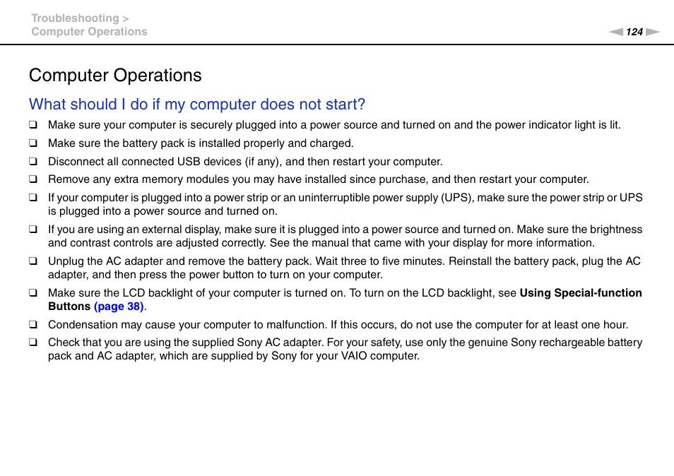 Computer operations, What should i do if my computer does not start | Sony VAIO VPCF12 Series User Manual | Page 124 / 172