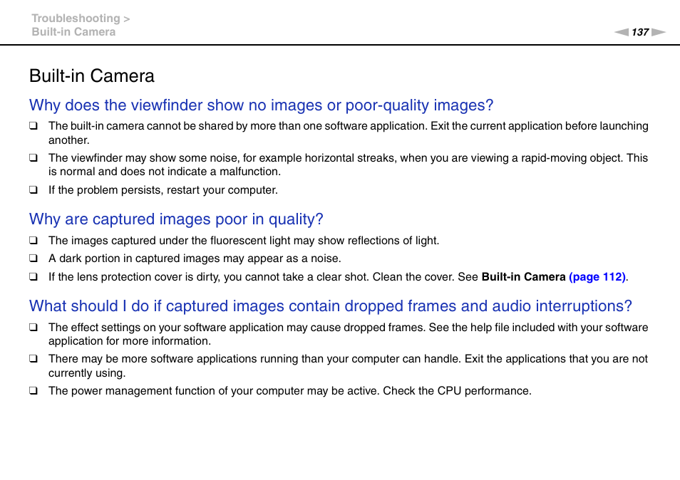 Built-in camera, Why are captured images poor in quality | Sony VAIO VPCF12 Series User Manual | Page 137 / 172