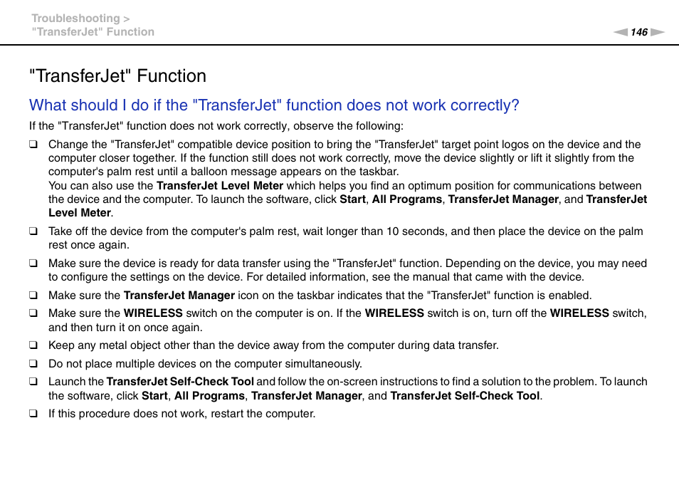 Transferjet" function | Sony VAIO VPCF12 Series User Manual | Page 146 / 172