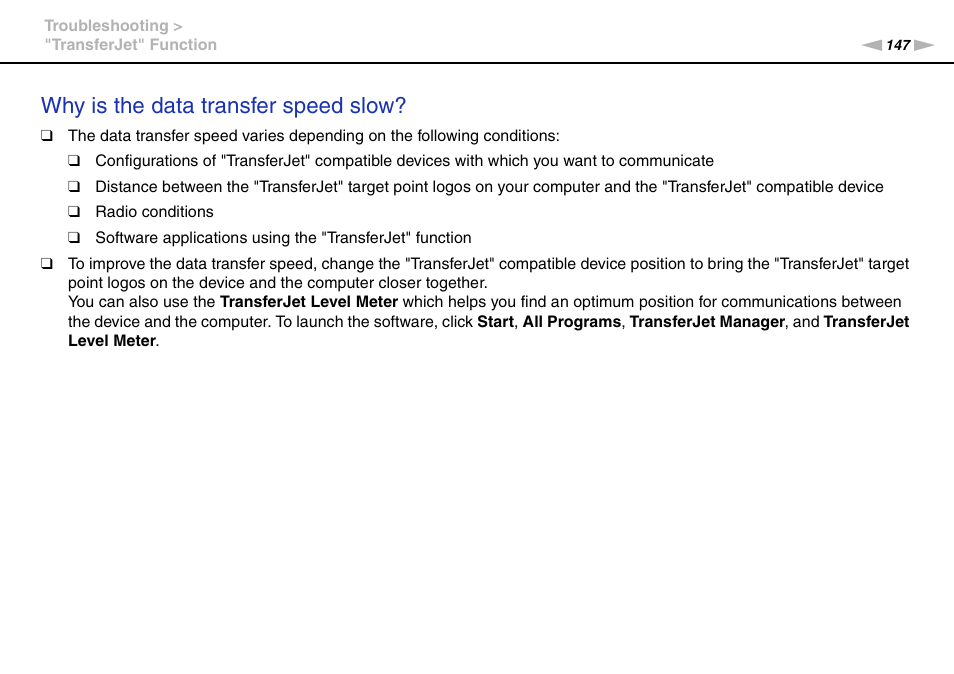 Why is the data transfer speed slow | Sony VAIO VPCF12 Series User Manual | Page 147 / 172