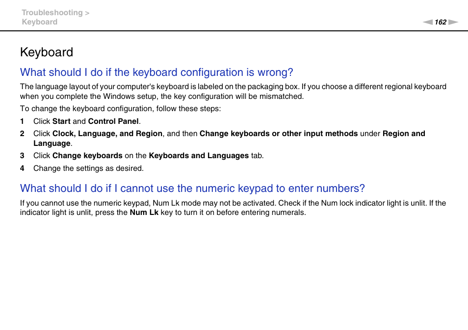 Keyboard | Sony VAIO VPCF12 Series User Manual | Page 162 / 172