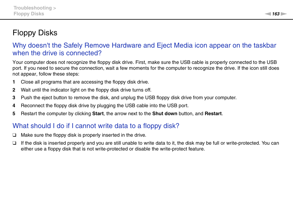Floppy disks | Sony VAIO VPCF12 Series User Manual | Page 163 / 172