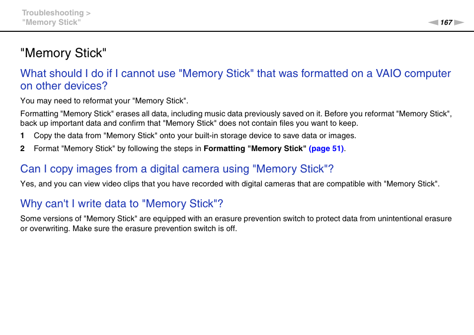 Memory stick | Sony VAIO VPCF12 Series User Manual | Page 167 / 172