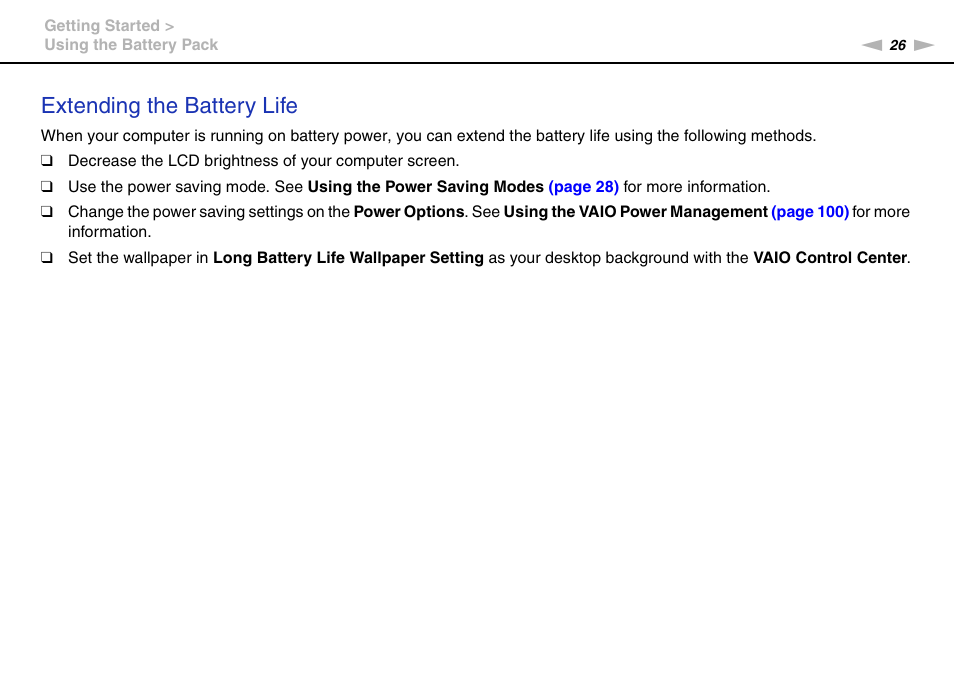 Extending the battery life | Sony VAIO VPCF12 Series User Manual | Page 26 / 172