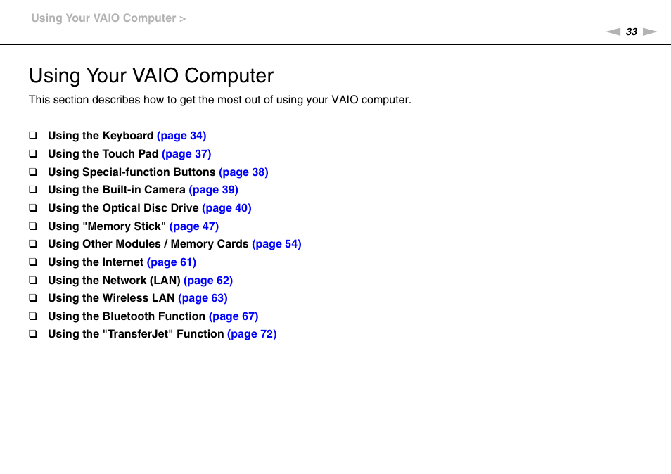 Using your vaio computer | Sony VAIO VPCF12 Series User Manual | Page 33 / 172