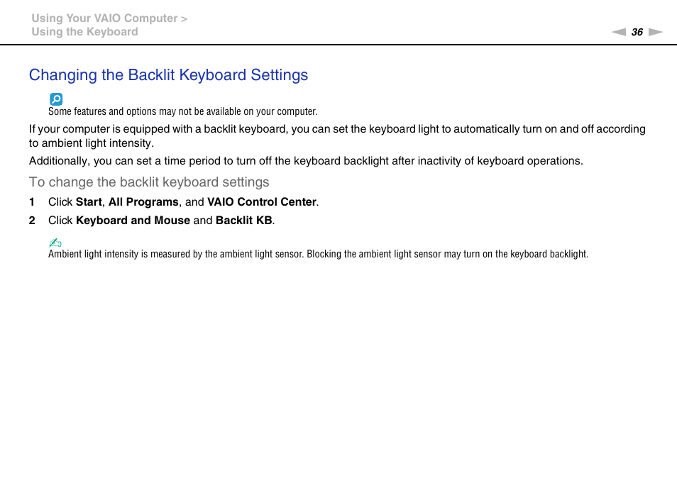 Changing the backlit keyboard settings | Sony VAIO VPCF12 Series User Manual | Page 36 / 172