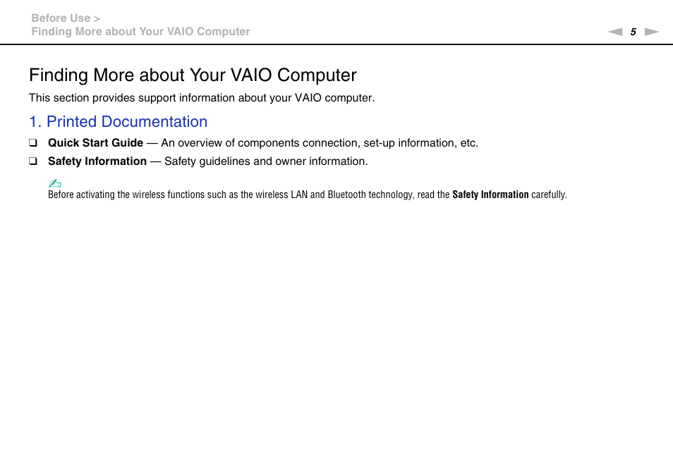 Finding more about your vaio computer, Printed documentation | Sony VAIO VPCF12 Series User Manual | Page 5 / 172