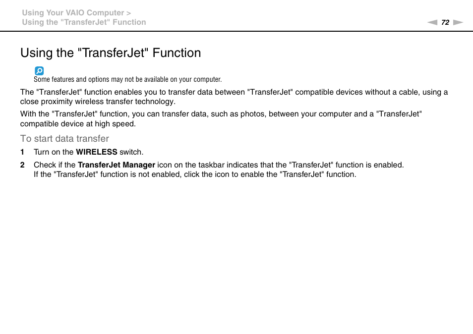 Using the "transferjet" function, Tion | Sony VAIO VPCF12 Series User Manual | Page 72 / 172