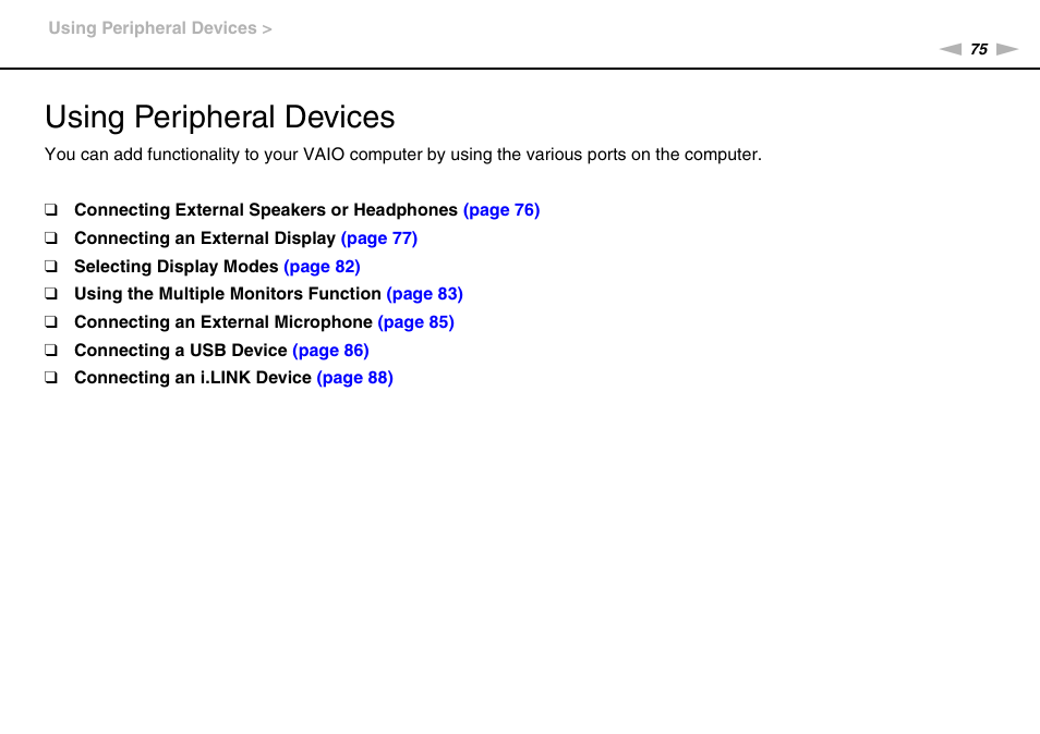 Using peripheral devices | Sony VAIO VPCF12 Series User Manual | Page 75 / 172