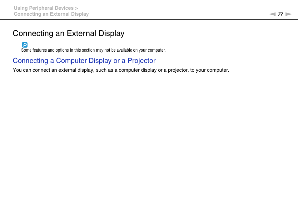 Connecting an external display, Connecting a computer display or a projector | Sony VAIO VPCF12 Series User Manual | Page 77 / 172