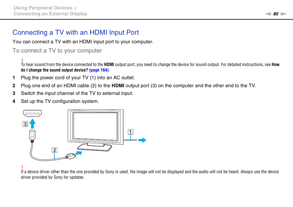 Connecting a tv with an hdmi input port | Sony VAIO VPCF12 Series User Manual | Page 80 / 172