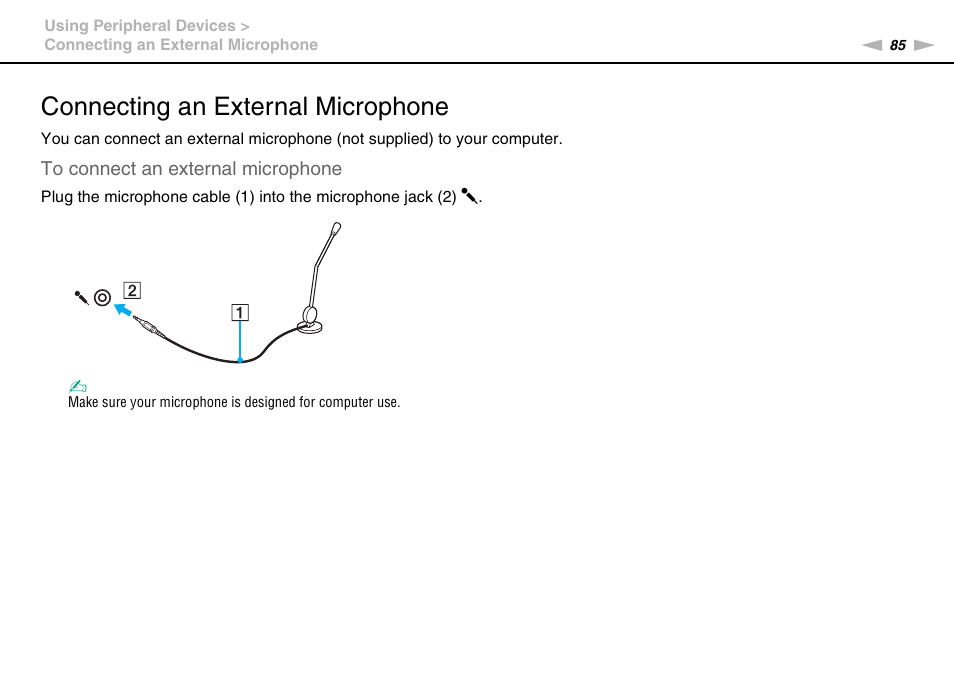 Connecting an external microphone | Sony VAIO VPCF12 Series User Manual | Page 85 / 172