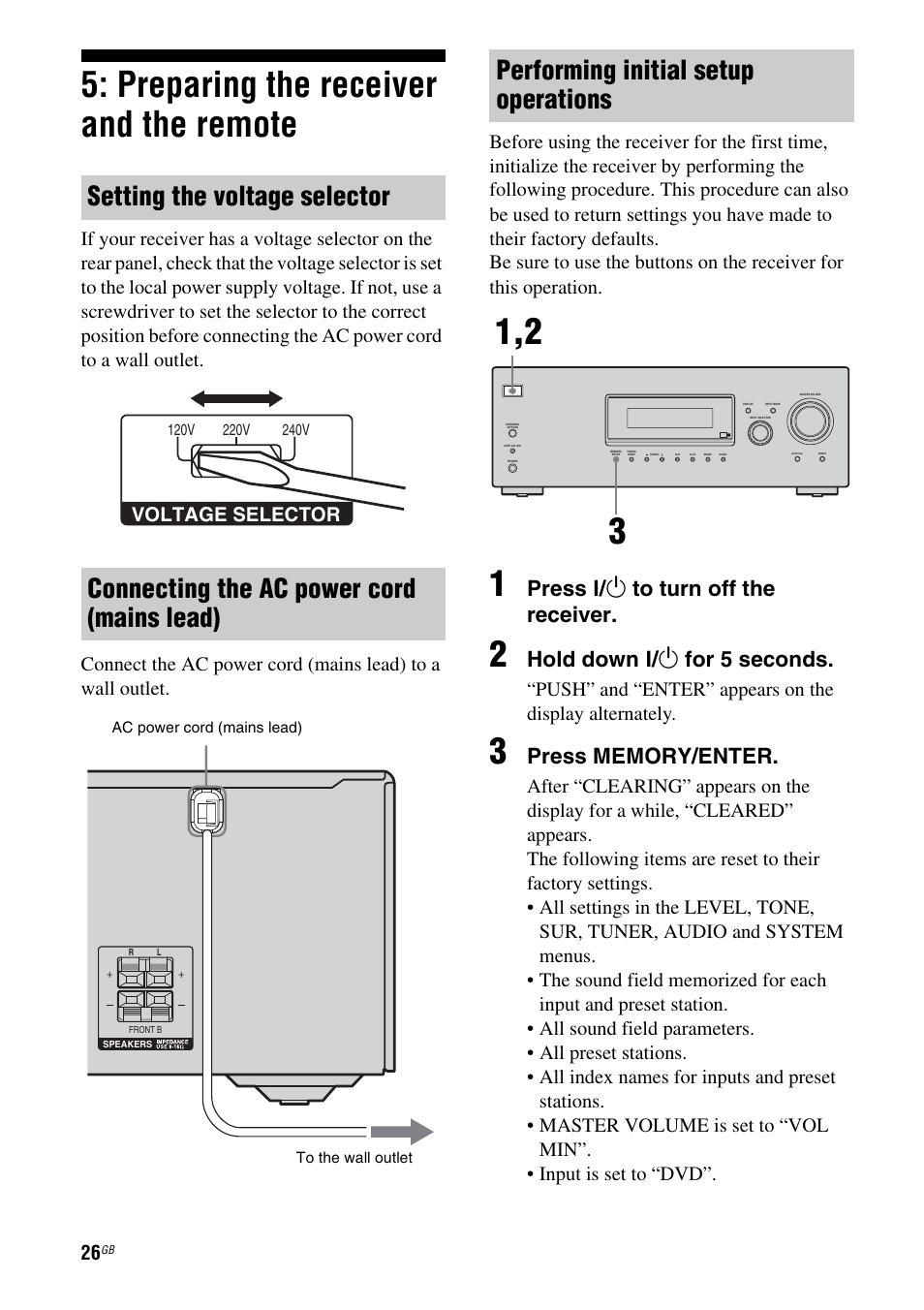 Preparing the receiver and the remote, Performing initial setup operations, Press ? / 1 to turn off the receiver | Hold down ? / 1 for 5 seconds, Voltage selector | Sony STRDG510 User Manual | Page 26 / 72