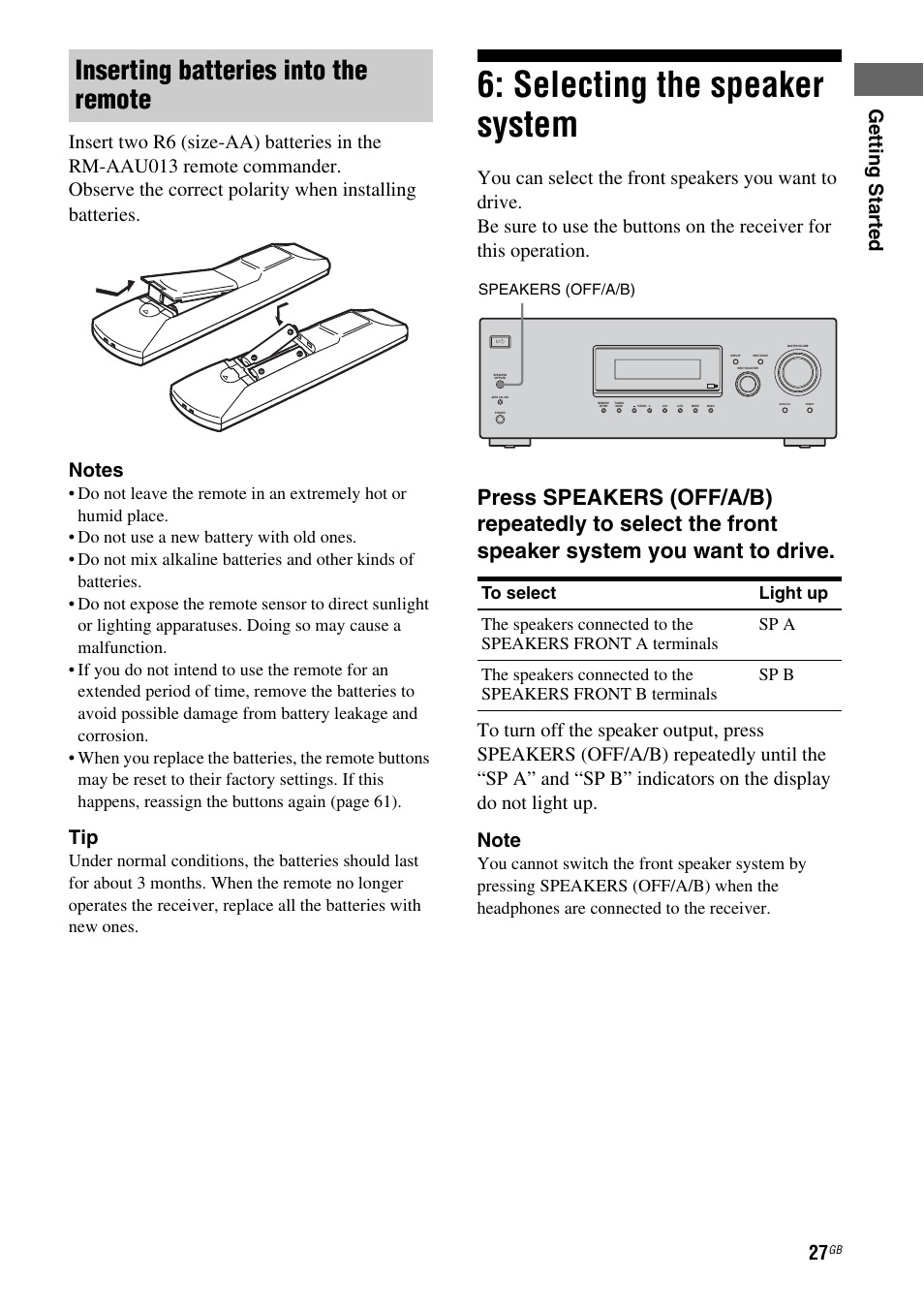 Selecting the speaker system, Inserting batteries into the remote | Sony STRDG510 User Manual | Page 27 / 72