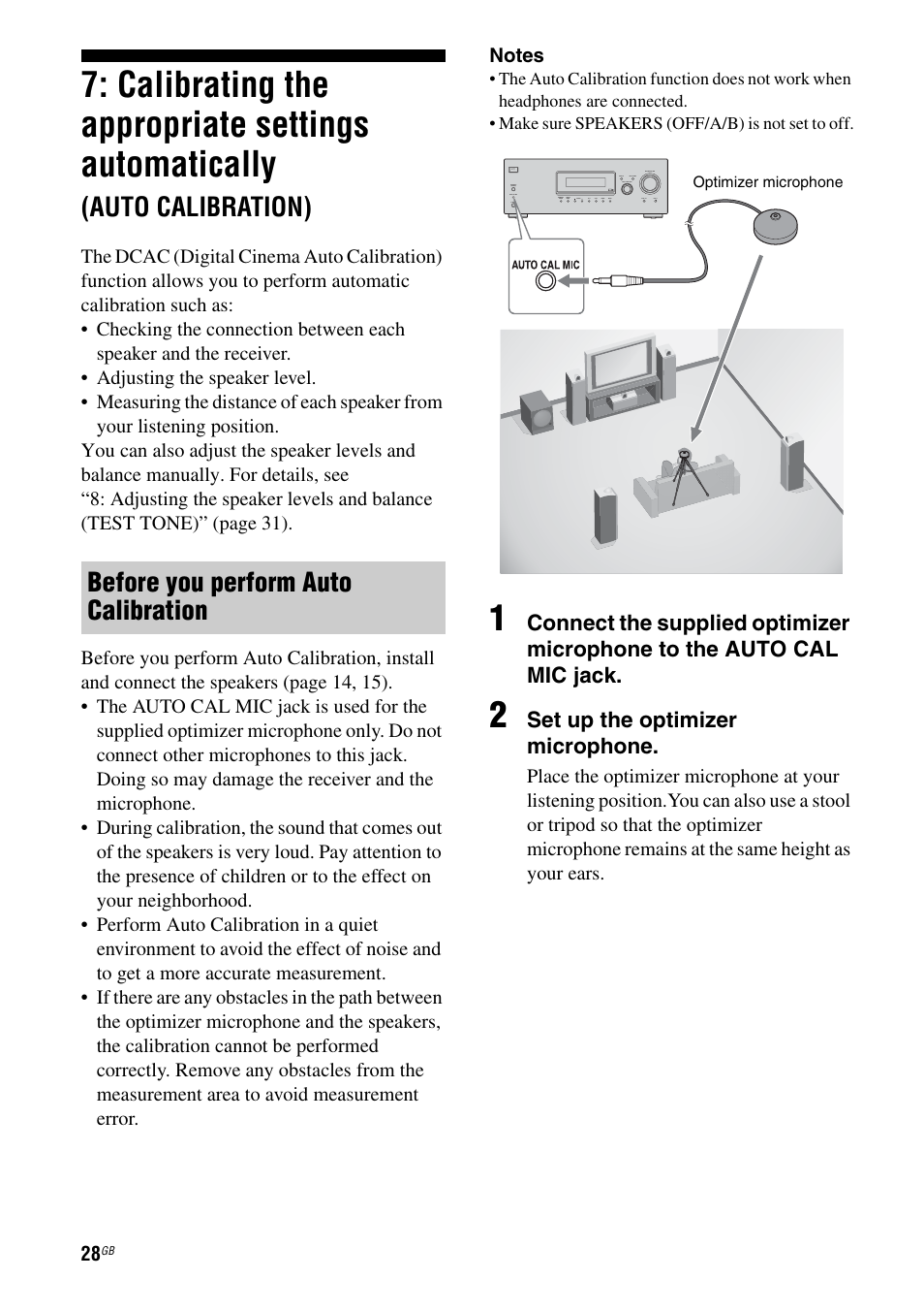 Calibrating the appropriate settings, Automatically, Auto calibration) | Calibrating the appropriate settings automatically, Before you perform auto calibration | Sony STRDG510 User Manual | Page 28 / 72