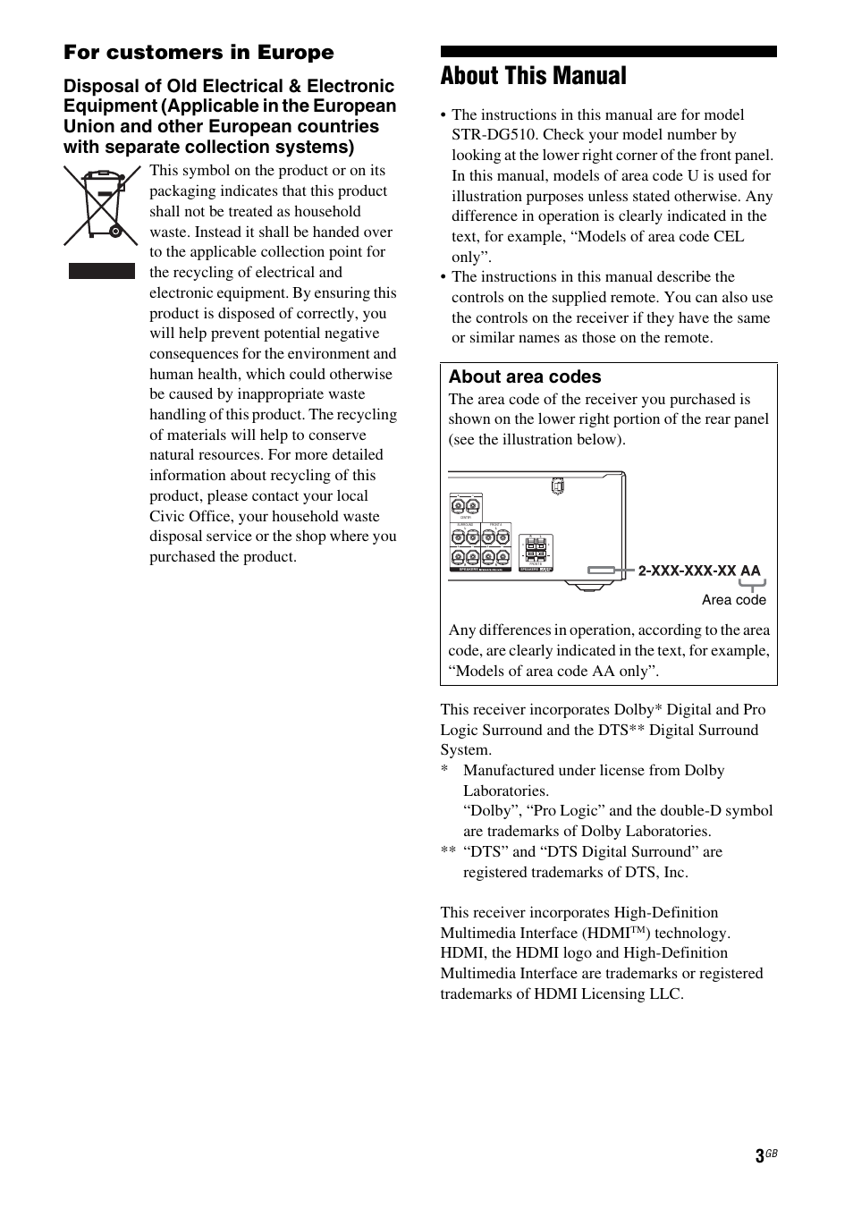 About this manual, For customers in europe, About area codes | Sony STRDG510 User Manual | Page 3 / 72