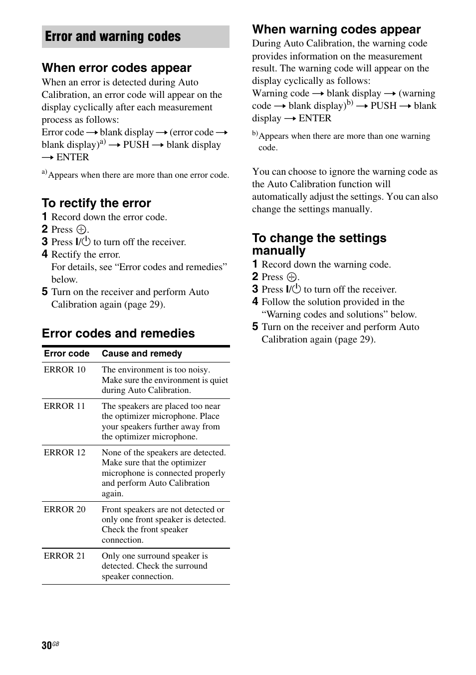 Error and warning codes, When error codes appear, Error codes and remedies when warning codes appear | Sony STRDG510 User Manual | Page 30 / 72