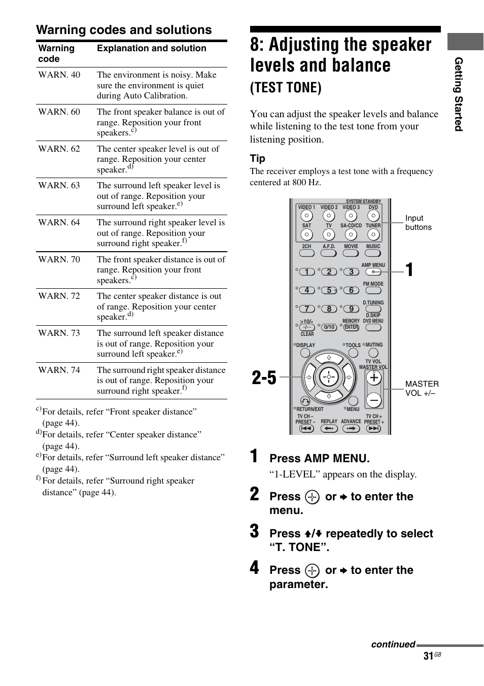 Adjusting the speaker levels and, Balance (test tone), Warning codes and solutions” belo | Adjusting the speaker levels and balance, Test tone), Warning codes and solutions, Press amp menu, Press or b to enter the menu, Press v / v repeatedly to select “t. tone, Press or b to enter the parameter | Sony STRDG510 User Manual | Page 31 / 72