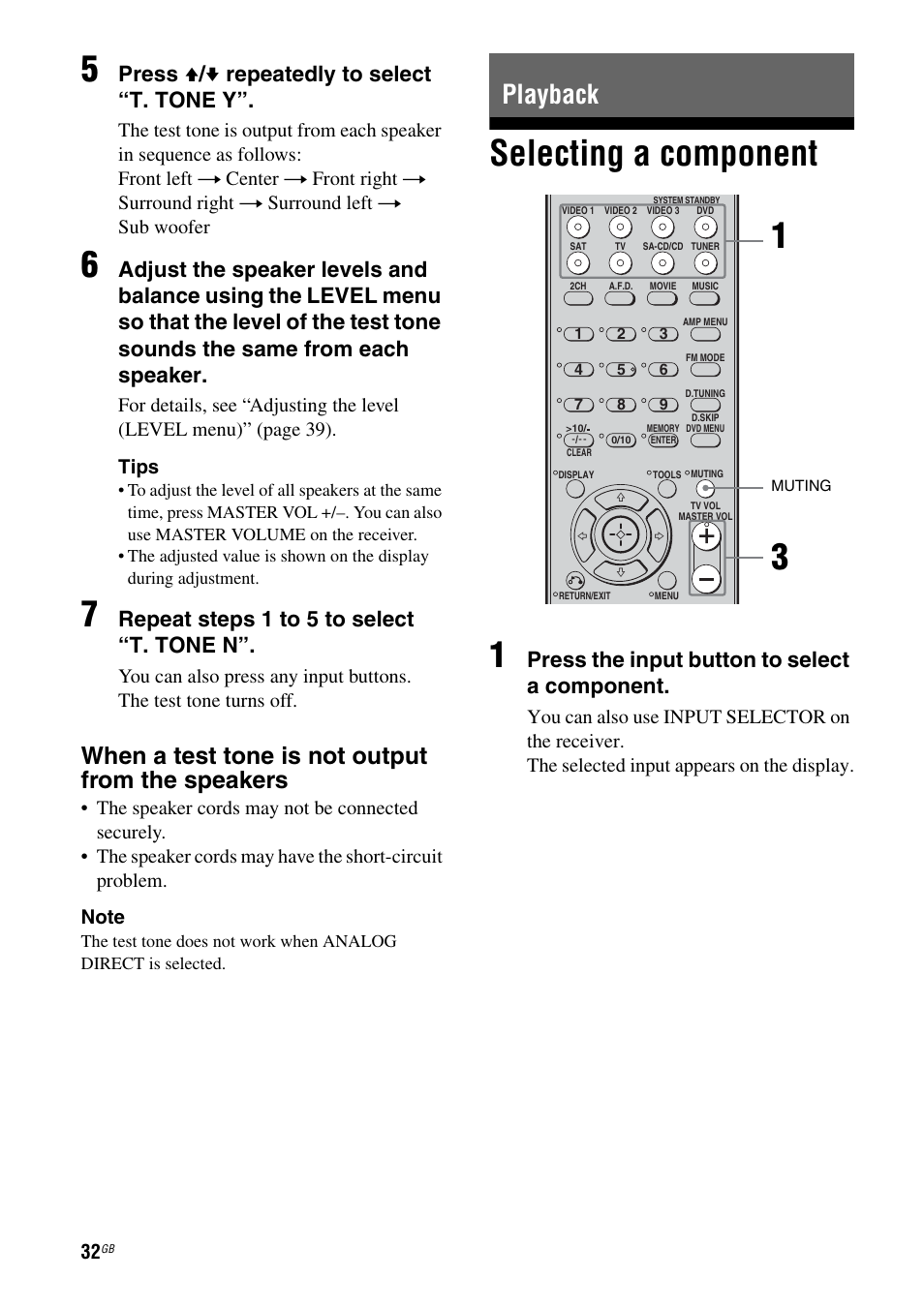 Playback, Selecting a component, Age 32 | Selecting a component 1, When a test tone is not output from the speakers, Press v / v repeatedly to select “t. tone y, Repeat steps 1 t o 5 to select “t. tone n, Press the input button to select a component | Sony STRDG510 User Manual | Page 32 / 72