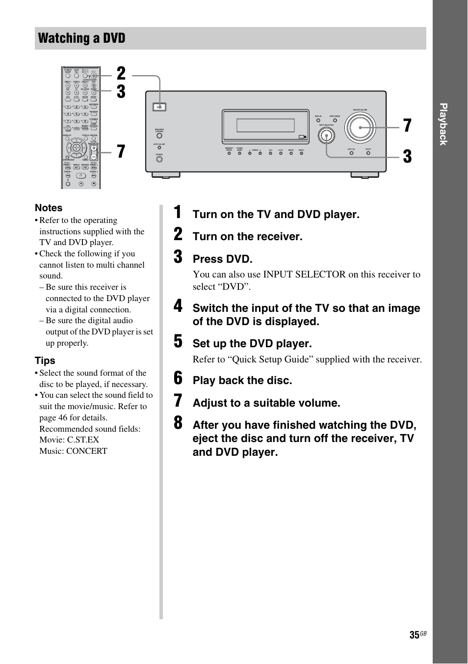 Watching a dvd, Turn on the tv and dvd player, Turn on the receiver | Press dvd, Set up the dvd player, Play back the disc, Adjust to a suitable volume, Play b a ck, Tips | Sony STRDG510 User Manual | Page 35 / 72