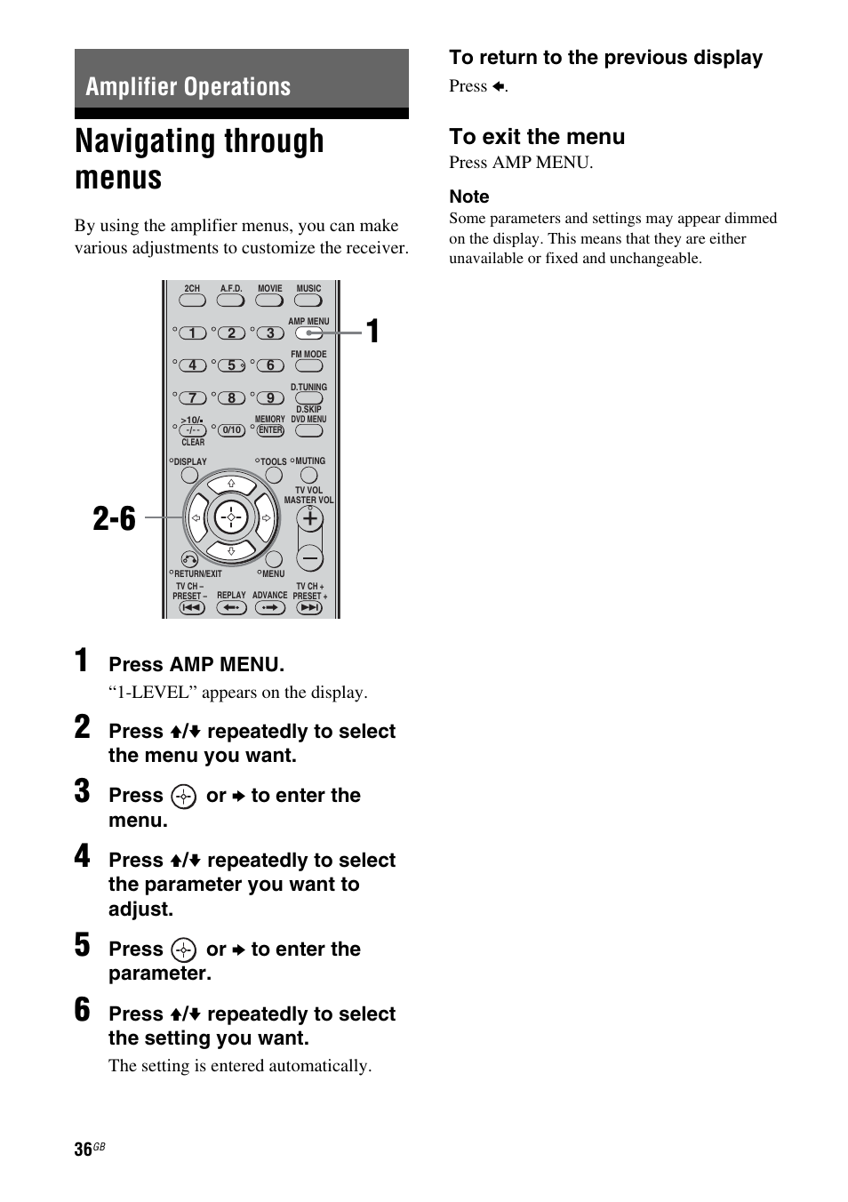 Amplifier operations, Navigating through menus, Press amp menu | Press v / v repeatedly to select the menu you want, Press or b to enter the menu, Press or b to enter the parameter | Sony STRDG510 User Manual | Page 36 / 72