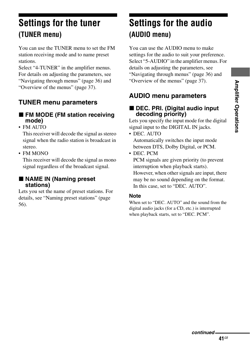 Settings for the tuner (tuner menu), Settings for the audio (audio menu), Settings for the tuner | Settings for the audio, Tuner menu), Audio menu) | Sony STRDG510 User Manual | Page 41 / 72