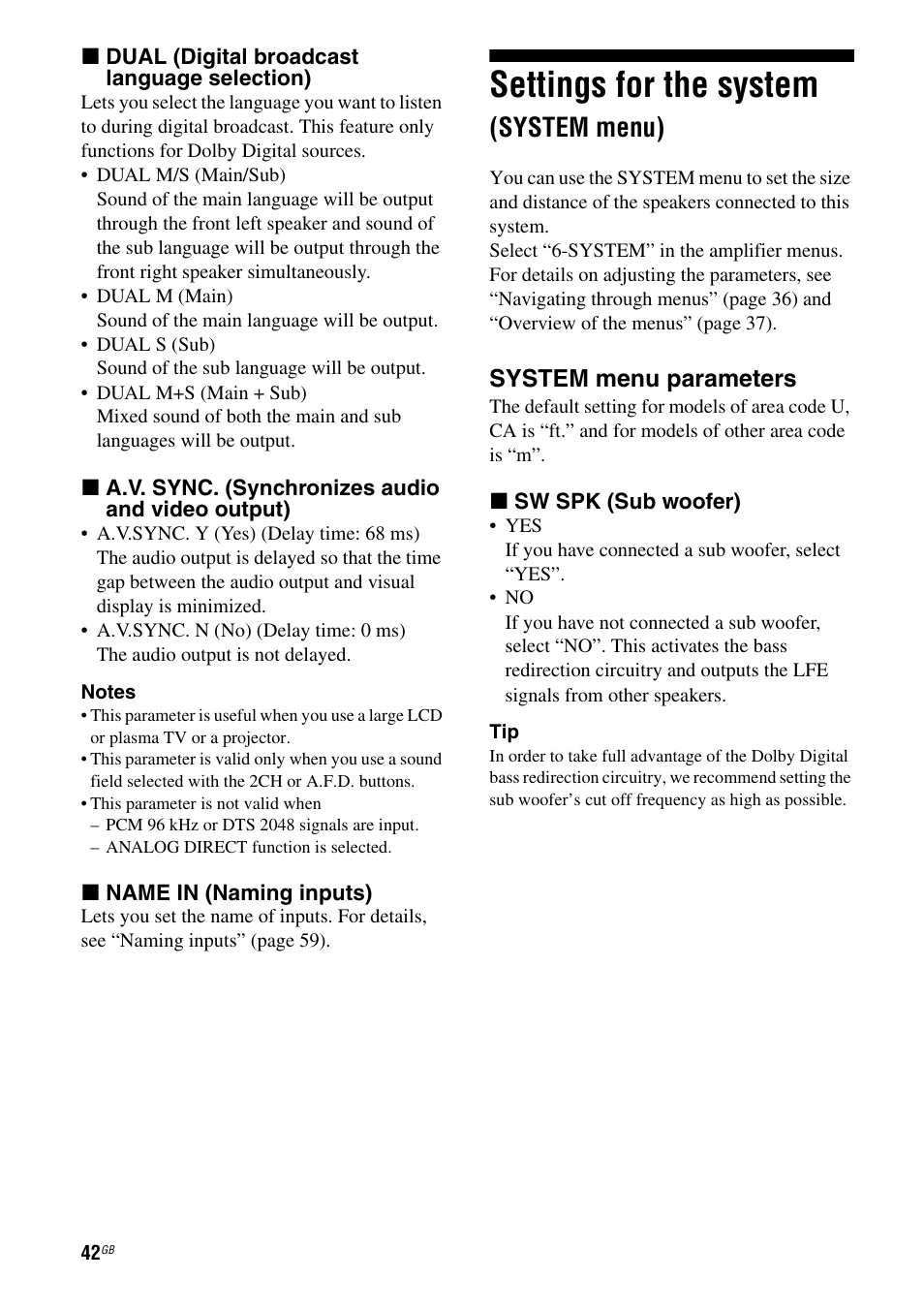 Settings for the system (system menu), Settings for the system, System menu) | System menu parameters | Sony STRDG510 User Manual | Page 42 / 72