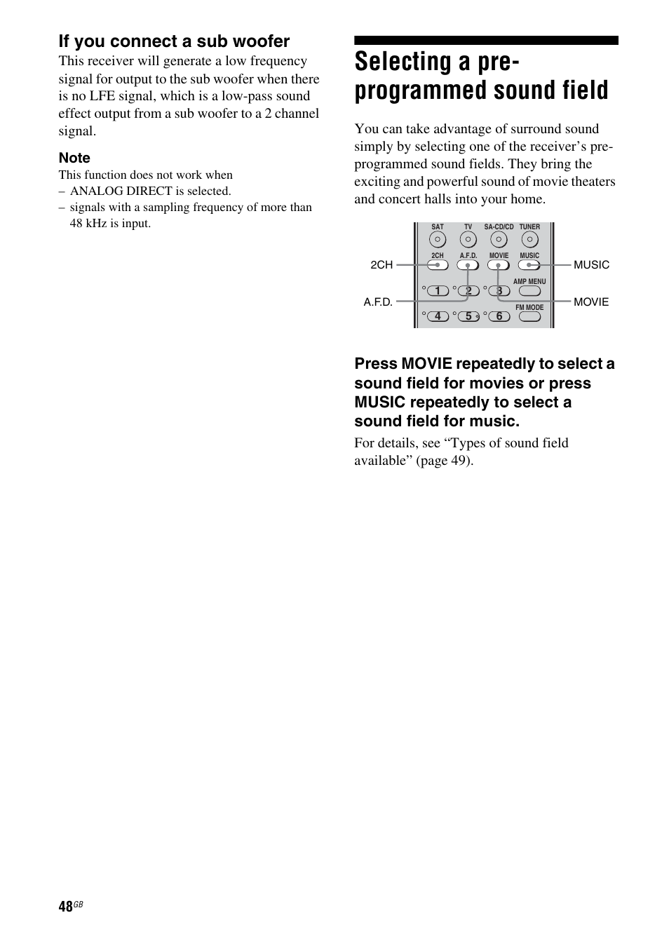 Selecting a pre- programmed sound field, Selecting a pre-programmed sound field, If you connect a sub woofer | Sony STRDG510 User Manual | Page 48 / 72