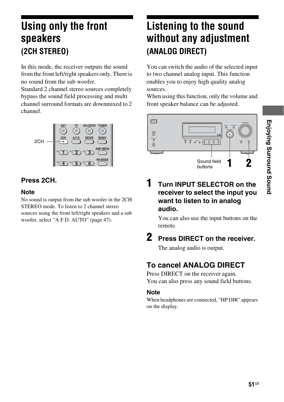 Using only the front speakers (2ch stereo), Using only the front speakers, 2ch stereo) | Listening to the sound without any, Adjustment (analog direct), Listening to the sound without any adjustment, Analog direct), Press 2ch, Press direct on the receiver, En jo yi n g surr ou nd so un d | Sony STRDG510 User Manual | Page 51 / 72