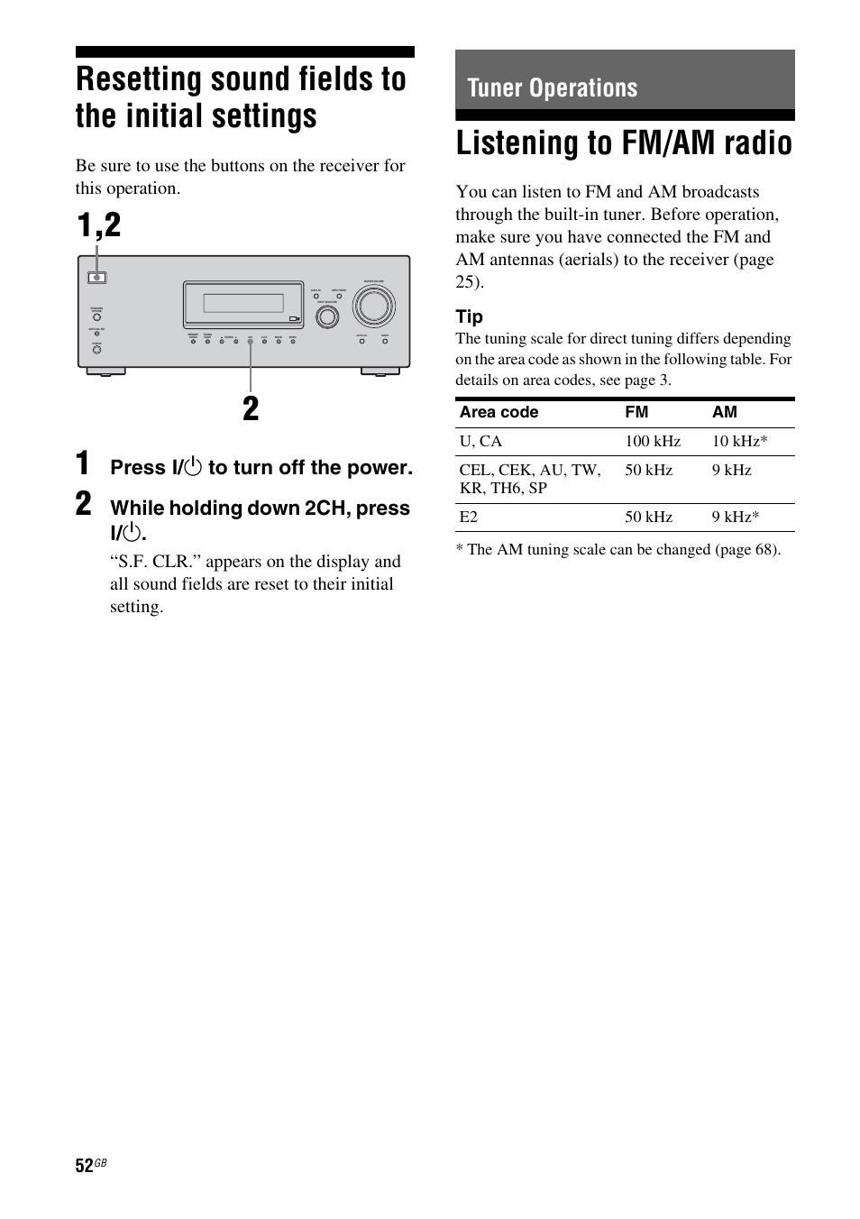 Resetting sound fields to the initial settings, Tuner operations, Listening to fm/am radio | Resetting sound fields to the initial, Settings, Press ? / 1 to turn off the power, While holding down 2ch, press ? / 1 | Sony STRDG510 User Manual | Page 52 / 72