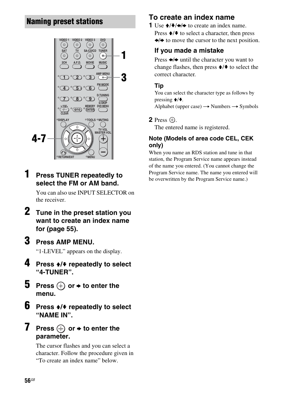 Naming preset stations, Press tuner repeatedly to select the fm or am band, Press amp menu | Press v / v repeatedly to select “4-tuner, Press or b to enter the menu, Press v / v repeatedly to select “name in, Press or b to enter the parameter, If you made a mistake | Sony STRDG510 User Manual | Page 56 / 72