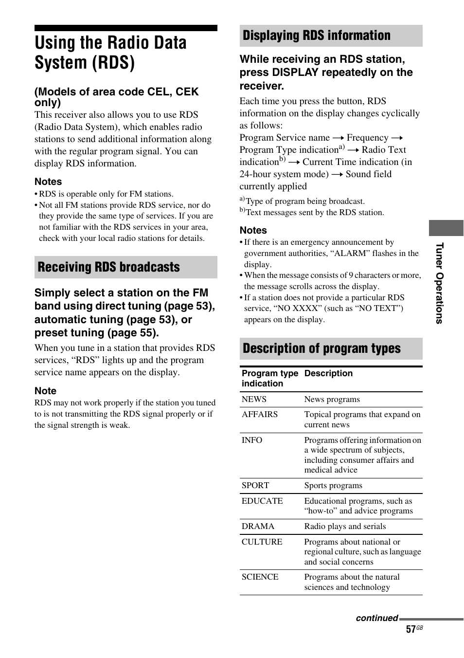 Using the radio data system (rds), Models of area code cel, cek only) | Sony STRDG510 User Manual | Page 57 / 72